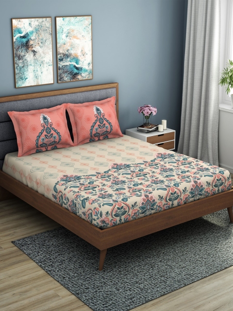 SPACES Beige & Teal Ethnic Motifs 144 TC Cotton 1 King Bedsheet with 2 Pillow Covers