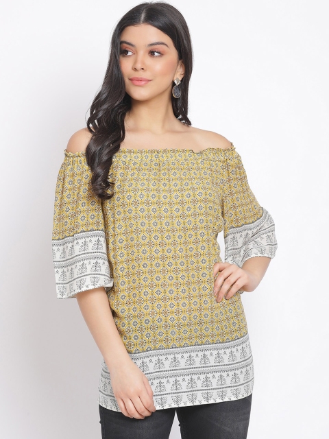 Oxolloxo Yellow & White Floral Printed Off-shoulder Crepe Bardot Top