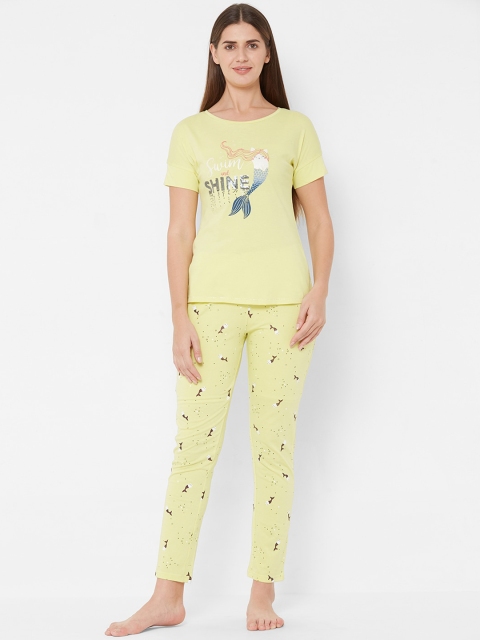 Sweet Dreams Women Yellow & White Printed Night suit