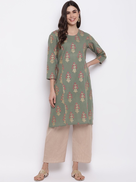 Purplicious Women Green Floral Printed Khadi Handloom Kurta