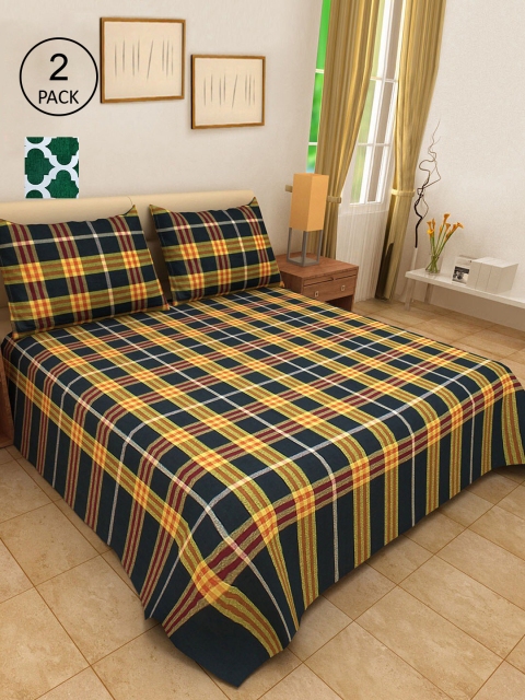 KLOTTHE Set of 2 Checked Double Bed Covers With 4 Pillow Covers, Blue