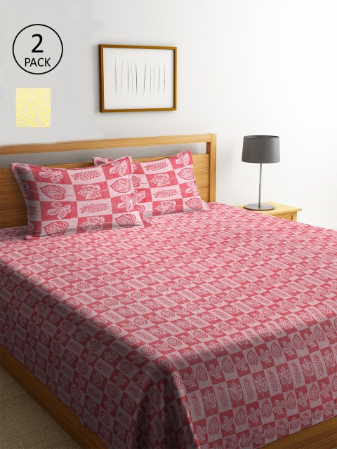 KLOTTHE Set Of 2 Red & Yellow Floral Double King Bed Covers With 4 Pillow Covers