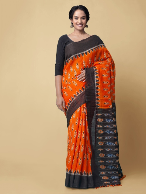 Unnati Silks Orange Pure Silk Printed Sambalpuri Saree