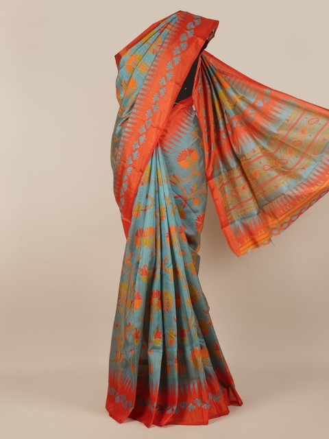 Pothys Blue Printed Jute Silk Saree