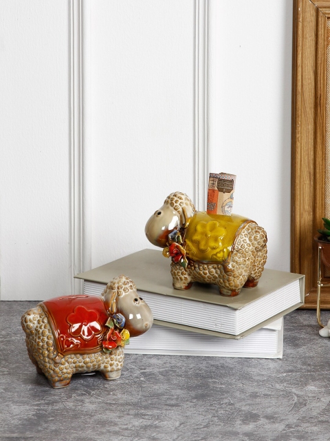 TAYHAA Set Of 2 Beige & Red Sheep Piggy Bank Showpiece