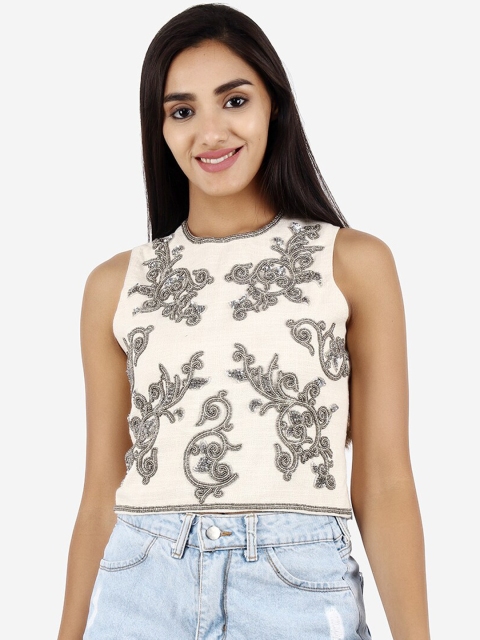 Diwaah Off White Embellished Regular Crop Top