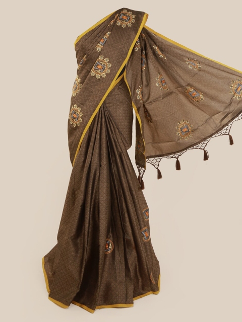 Pothys Brown & Gold-Toned Cotton Blend Embroidered Saree