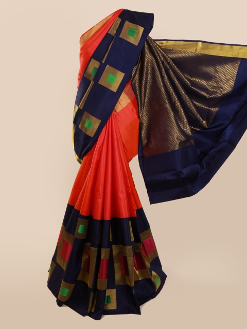 Pothys Orange & Navy Blue Pure Silk Colourblocked Kanjeevaram Saree