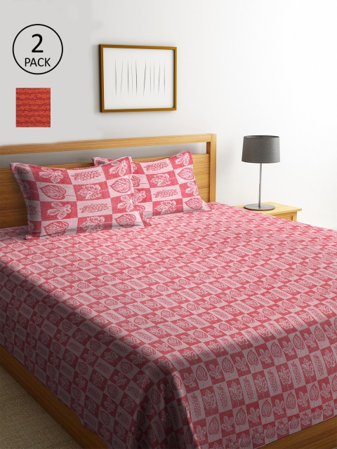 KLOTTHE Set Of 2 Red & Yellow Floral Double King Bed Covers With 4 Pillow Covers, Orange