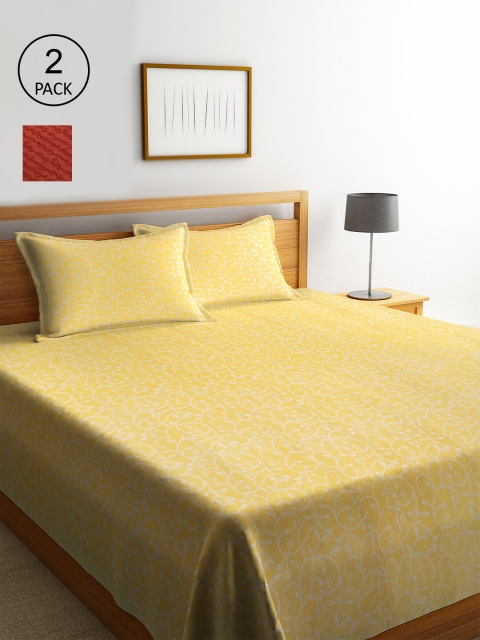 KLOTTHE Set Of 2 Yellow & Orange Floral Printed Double Bed Covers With 4 Pillow Covers