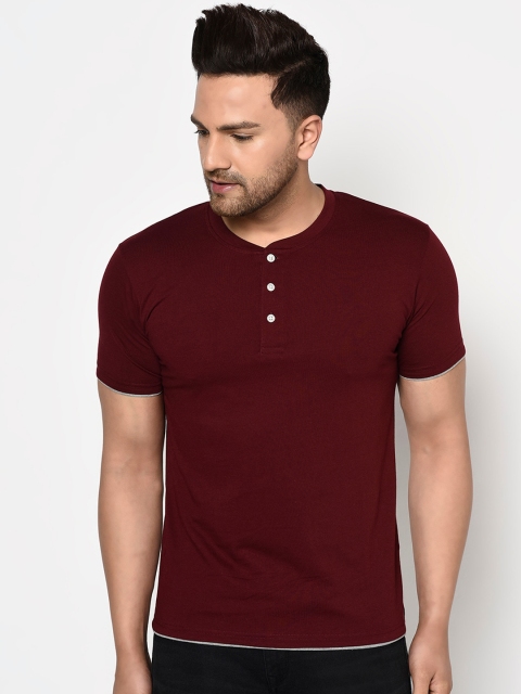 ELEGANCE Men Maroon Solid Henley Neck T-shirt
