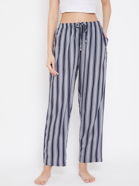 Hypernation Women Grey and Blue Striped Lounge Pants