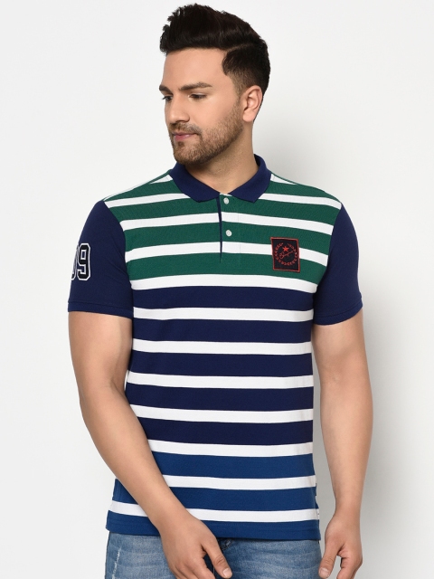 ELEGANCE Men Green & Navy Blue Striped Polo Collar T-shirt