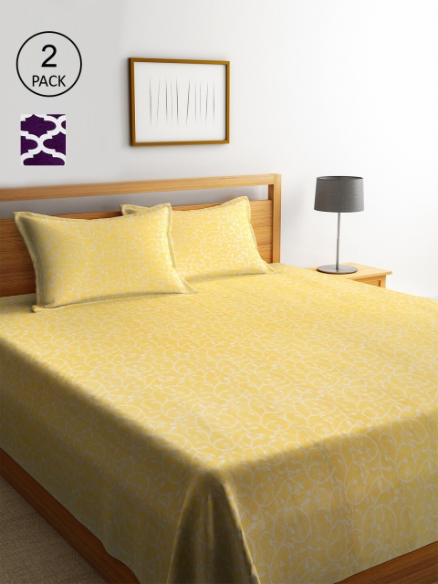 KLOTTHE Set Of 2 Floral Printed Double King Bed Covers With 4 Pillow Covers, Purple