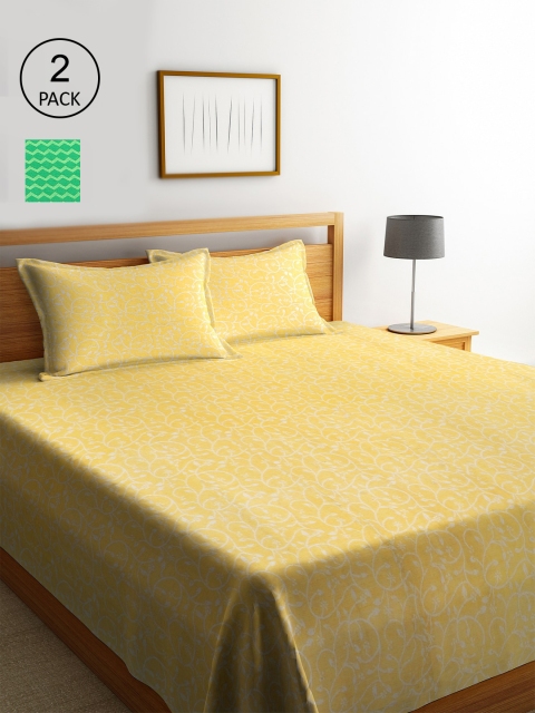 KLOTTHE Set Of 2 Green & Yellow Woven Design Double King Bed Covers With 4 Pillow Covers