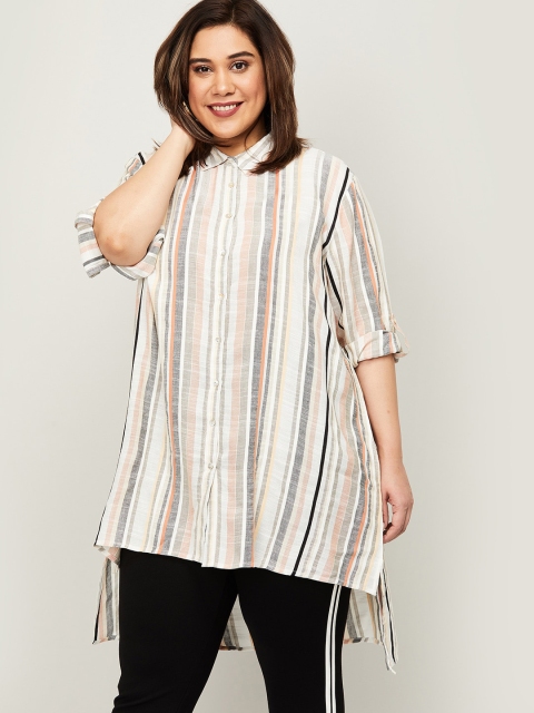 Nexus Beige & Grey Striped Mandarin Collar Shirt Style Longline Top