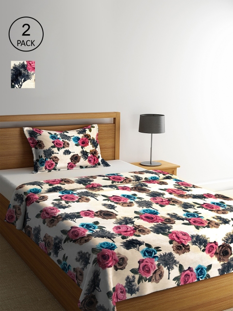 KLOTTHE Set of 2 Pink & Blue Floral Single Bed Covers With 2 Pillow Covers