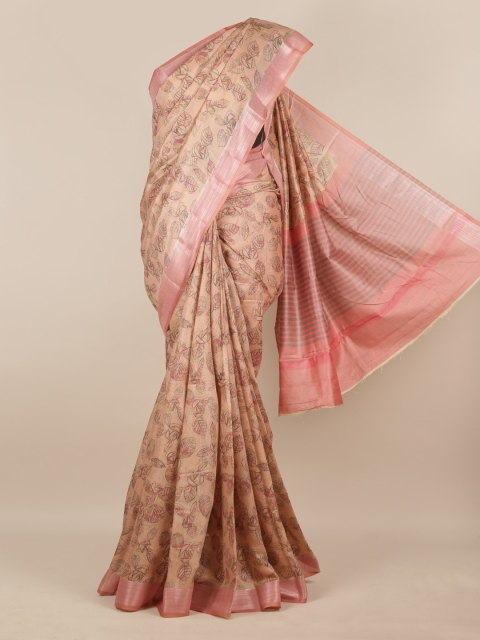 Pothys Peach-Coloured Printed Linen Blend Saree