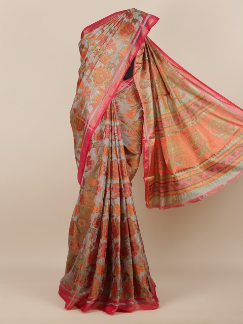 Pothys Grey Floral Printed Jute Silk Saree