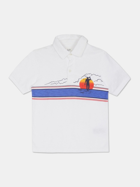 GAP Boys White Printed Polo Collar Cotton T-shirt