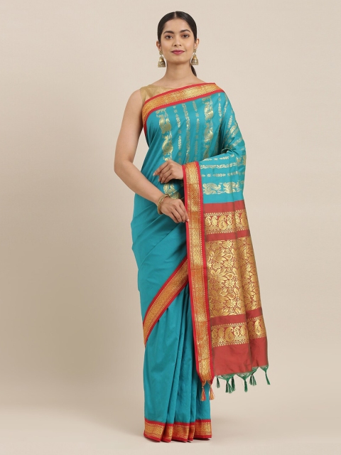 The Chennai Silks Turquoise Blue Checked Art Silk Saree