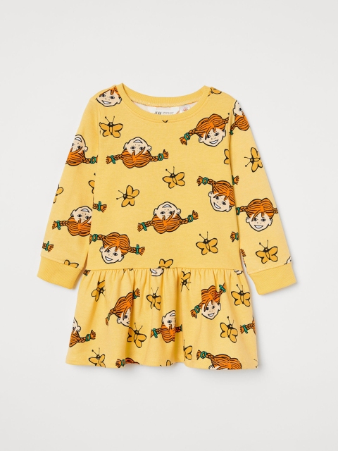 H&M Girls Yellow Printed Cotton Sweatshirt Drop-waist Dress