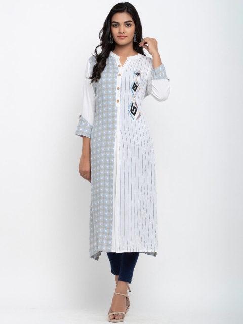 Tistabene Women White & Blue Checked Kurta