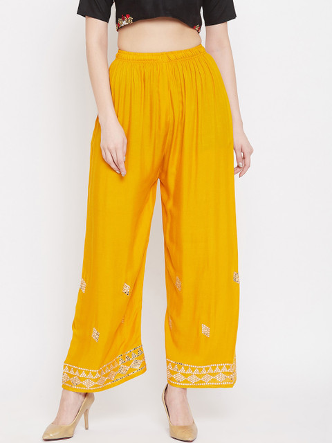 Clora Creation Women Mustard Hem Design Wide Leg Palazzos 
Clora Creation Women Mustard Hem Design Wide Leg Palazzos