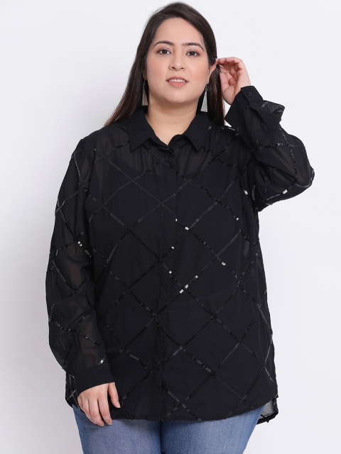 Oxolloxo Women Black Regular Fit Self Design Casual Shirt