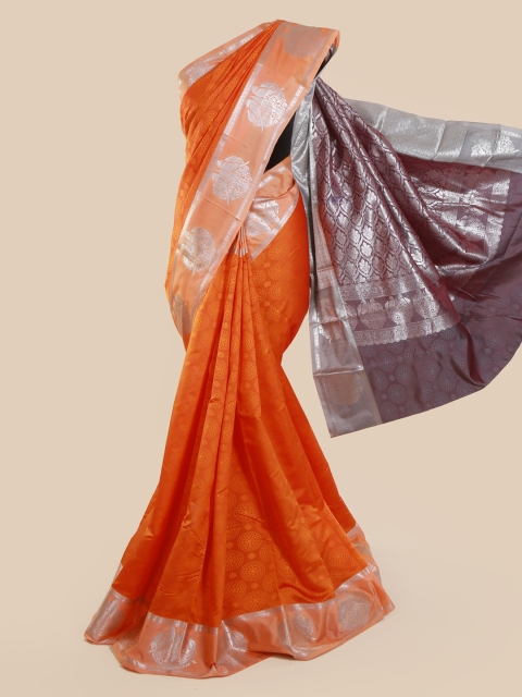 Pothys Orange & Silver-Toned Art Silk Printed Saree