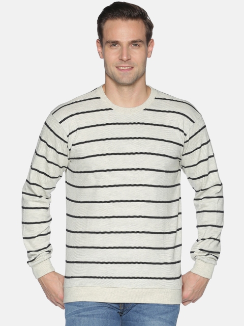 UrGear Men Off-White Striped Round Neck Pure Cotton T-shirt