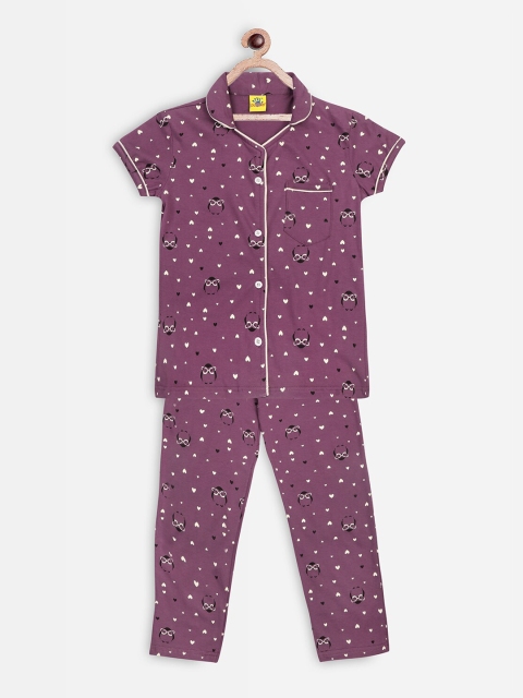 Punkster Girls Purple & White Printed Night suit