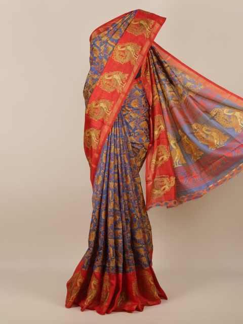 Pothys Blue Printed Jute Silk Saree