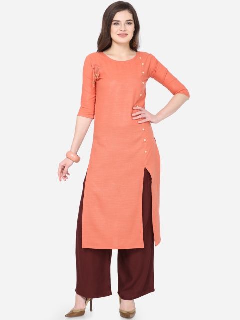 Florence Women Peach-Coloured & Brown Solid Kurta with Palazzos
