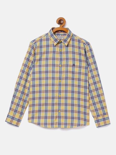 Crimsoune Club Boys Yellow & Blue Slim Fit Checked Casual Cotton Shirt