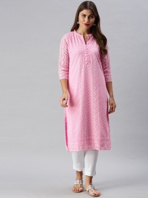 Soch Women Pink Ethnic Motifs Embroidered Chikankari Georgette Kurta