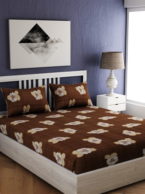 EverHOME Brown & Off-White Floral 144 TC Cotton 1 Queen Bedsheet with 2 Pillow Covers
