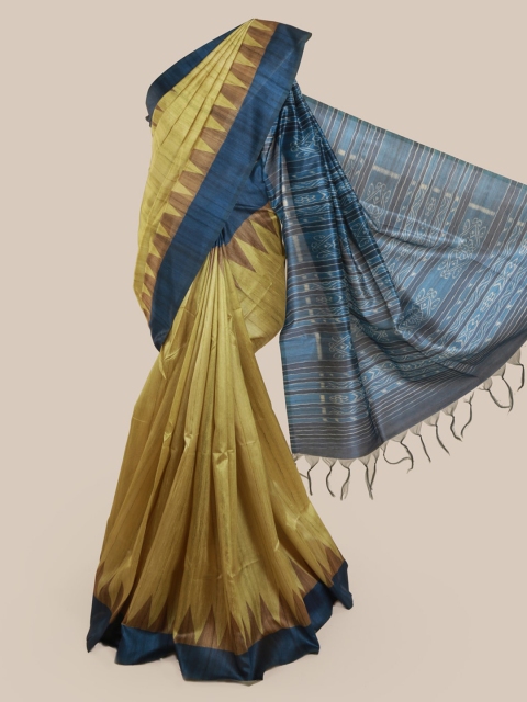 Pothys Yellow & Blue Jute Silk Solid Saree