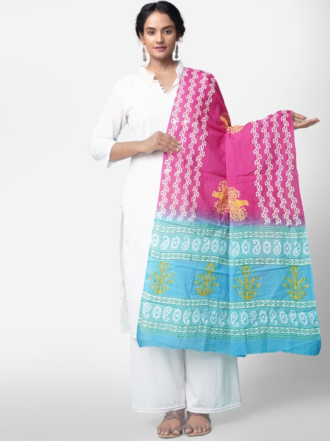Unnati Silks Pink & Blue Printed Dupatta