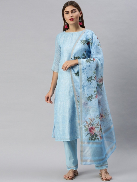 Soch Blue Cotton Blend Unstitched Dress Material