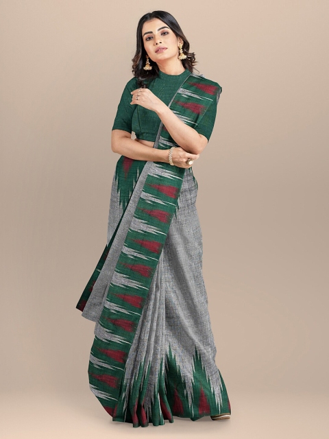 BharatSthali Grey Pure Cotton Printed Handloom Sambalpuri Saree
