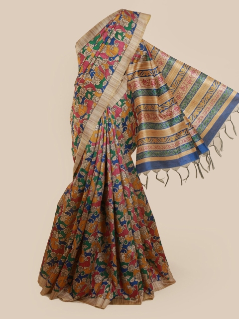 Pothys Yellow & Blue Jute Silk Printed Saree
