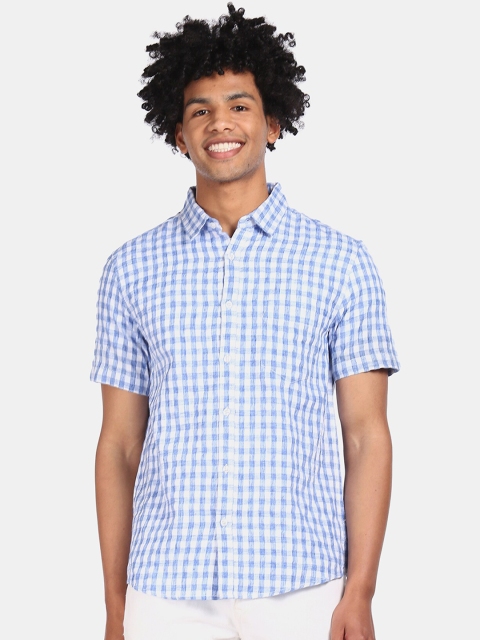 Ruggers Men Blue & White Regular Fit Checked Cotton Casual Shirt
