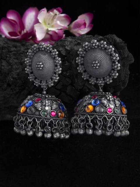 Moedbuille Multi Color Stones Studded Tribal Design Oxidised Silver Plated Handcrafted Jhumkas
Moedbuille Multi Color Stones Studded Tribal Design Oxidised Silver Plated Handcrafted Jhumkas