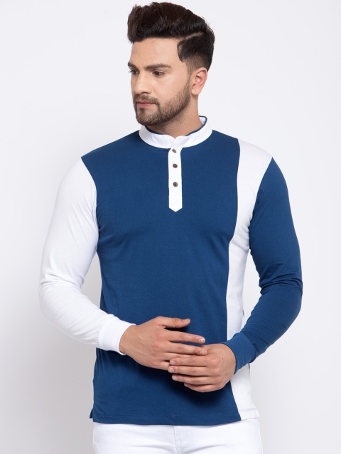 Kalt Men Blue & White Colourblocked Mandarin Collar T-shirt