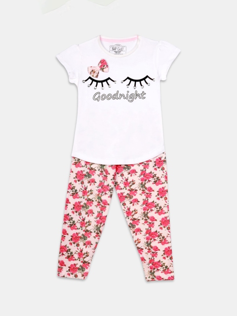 Nap Chief Girls White & Pink Printed Night suit