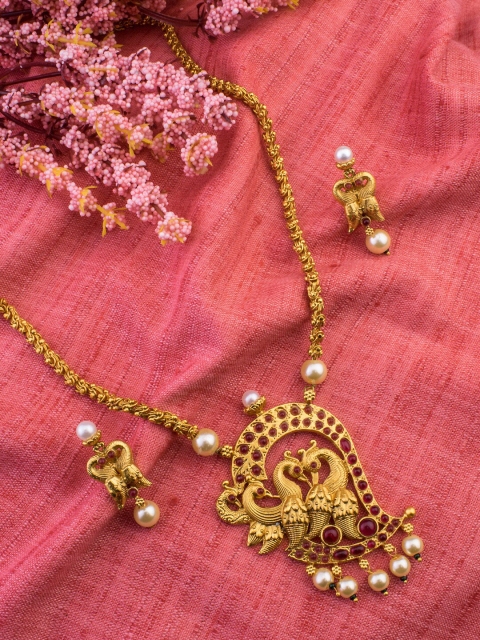 Alankruthi Gold-Plated Pink & White Stone-Studded & Beaded Sustainable Temple Jewellery Set