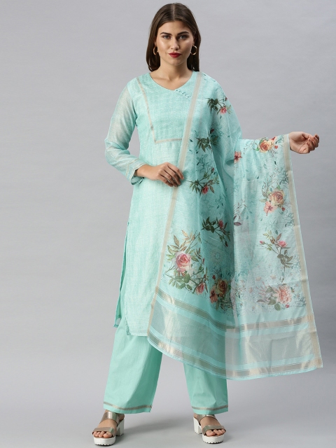 Soch Sea Green Cotton Blend Unstitched Dress Material