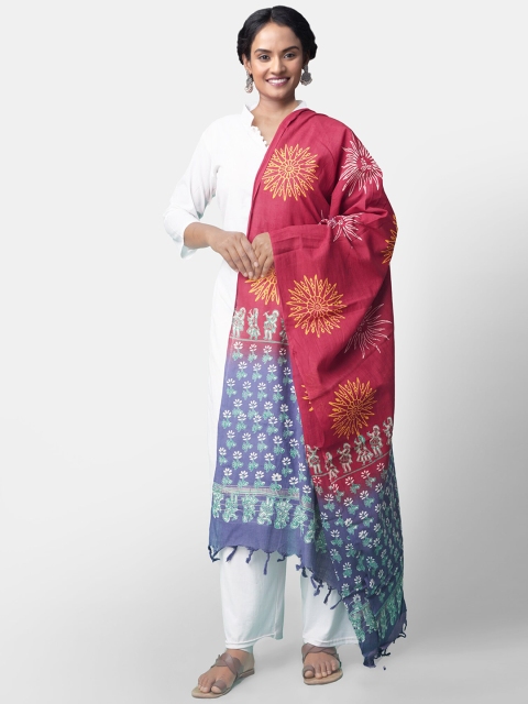 Unnati Silks Red & Blue Printed Dupatta