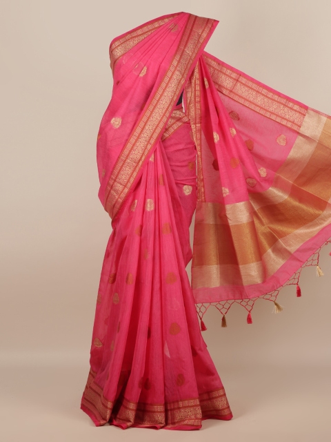 Pothys Pink & Gold-Toned Jute Silk Woven Design Saree With Tasseled Pallu